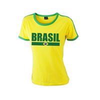 Braziliaanse supporter ringer t-shirt geel met groene randjes voor dames XL  -