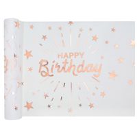 Tafelloper op rol - 2x - Happy birthday tekst - wit/rose goud - 30 x 500 cm - polyester