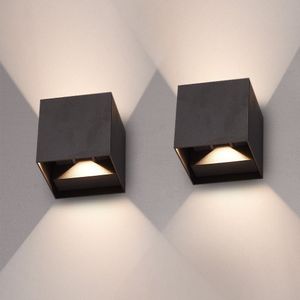 HOFTRONIC™ Set van 2 Kansas - Dimbare LED wandlamp kubus - 7 Watt - 3000K warm wit - Up & Down light - IP65 waterdicht - Zwart - Wandverlichting voor binnen en buiten