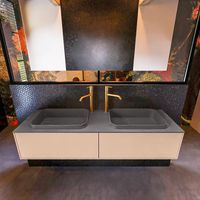 Badkamermeubelset Mondiaz Erin 150 cm met 2 Lades met RIDGE Wastafel Dubbel Dark grey met 2 kraangaten Greeploos Mat Rosee