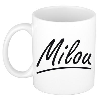 Milou Naam koffiemok - beker - met sierlijke letters - wit - 300 ml - Cadeau - Dames