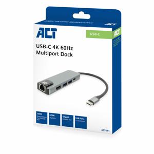 ACT Connectivity USB-C 4K docking station voor 1 HDMI monitor, ethernet, USB-A, PD pass-through dockingstation