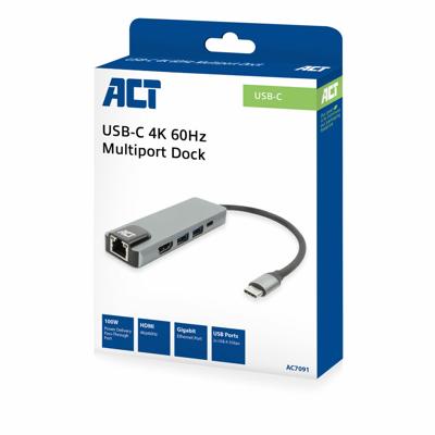 ACT Connectivity USB-C 4K docking station voor 1 HDMI monitor, ethernet, USB-A, PD pass-through dockingstation