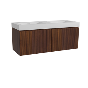 Storke Ribs zwevend badmeubel 130 x 52 cm notenhout met Mata High dubbele wastafel in solid surface mat wit, Verticale symmetrische rechte ribbel