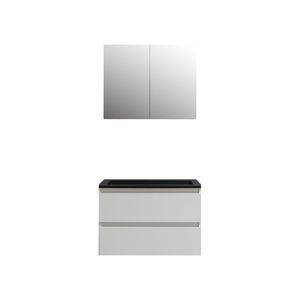 Badkamermeubel BWS Pepper Wastafel Acryl Mat Zwart Incl Spiegelkast 2 Deurs Zonder Kraangat 80x55x46 cm Wit