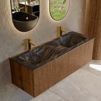 Mondiaz KURVE-DLUX 130 cm Onderkast Greeploos 2 Lades Zonder Deuren Walnut, Wastafel Solid Surface Dubbel Lava 2 Kraangaten Zonder Spiegel (KRVLEA1302L0D2KD-Wal/Lav)