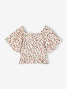 Meisjesshirt met smokwerk en bloemmotief meerkleurig