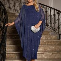 Bon&Bon Plus Size Burgundy Chiffon Cape Dress | Wedding Guest Outfit Navy Blue / 2XL