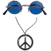 Hippie Flower Power verkleed set - peace ketting - met party bril - blauw