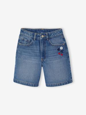 Bermuda jeans met geborduurde bloemen middenblauw