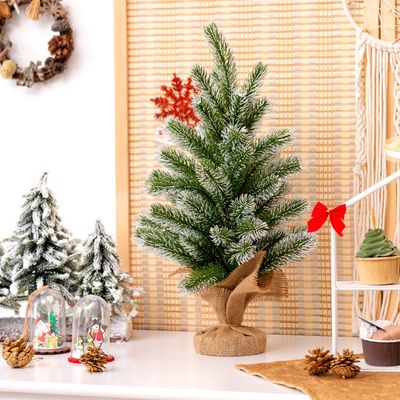 50 cm Kunstmatige Mini Kerstboom Kerstmis Tafelblad Kleine Kerstboom Stabiele Cement Standaard met Linnen Doek Groen + Wit