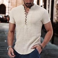 Voor heren linnen overhemd Popover-shirt Zomer overhemd Strand Kleding Normaal shirt Overhemd met bandkraag Zwart Wit Wijn Abrikoos Korte mouw Effen V-hals Zomer Casual Dagelijks Kleding Lightinthebox