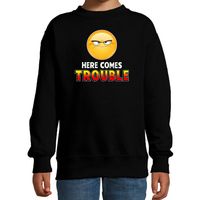 Funny emoticon sweater Here comes trouble zwart kids - thumbnail