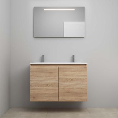 On-Line Badkamermeubelset - 100 cm - Bouwpakket - Greeploos 2 Deuren - Acryl Wastafel - 2 Kraangaten - Spiegel met LED-Verlichting - Eiken