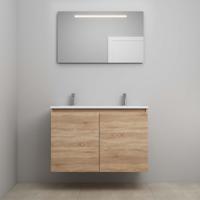On-Line Badkamermeubelset - 100 cm - Voorgemonteerd - Greeploos 2 Deuren - Acryl Wastafel - 2 Kraangaten - Spiegel met LED-Verlichting - Eiken