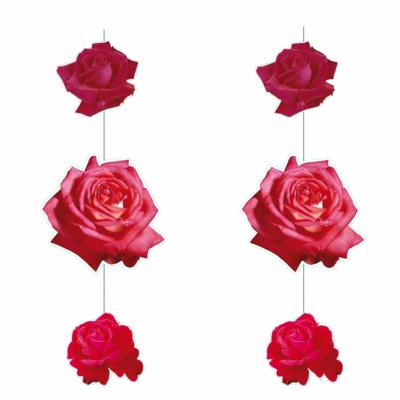 Hang decoratie bloemen/rozen - 2x - rood - karton - 90 cm lang