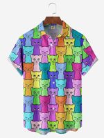 Abstract Cat Chest Pocket Short Sleeve Casual Shirt