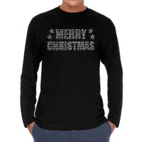 Glitter kerst longsleeve shirt zwart Merry Christmas glitter steentjes voor heren - Lange mouwen - thumbnail