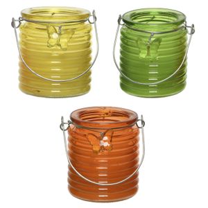 Citronella kaars - 3x - in windlicht - geel/groen en oranje - 20 branduren - citrusgeur