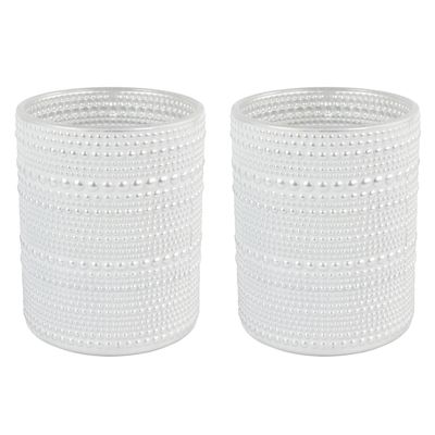 2x stuks luxe theelichthouder/kaarsenhouder - parel wit/zilver - glas - D8 x H10 cm 2x stuks luxe theelichthouder/kaarsenhouder - parel wit/zilver - glas - D8 x H10 cm