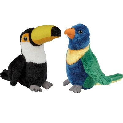 Tropische vogels pluche knuffels 2x stuks - Lori Parkiet en Toekan van 15 cm