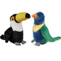 Tropische vogels pluche knuffels 2x stuks - Lori Parkiet en Toekan van 15 cm - thumbnail