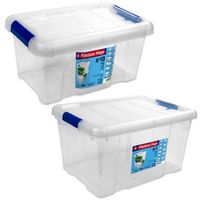 2x Opbergboxen/opbergdozen met deksel 5 en 16 liter kunststof transparant/blauw - Opbergbox - thumbnail