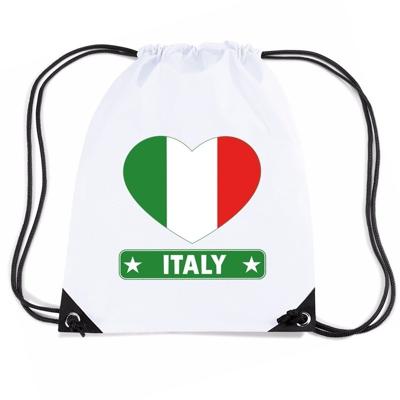 Italie thema sporttas - nylon rijgkoord rugzak - wit met hartjes vlag print - supporters