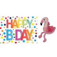 Pluche knuffel flamingo 15 cm met A5-size Happy Birthday wenskaart - thumbnail