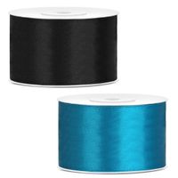 Sierlinten/cadeaulinten/satijnen linten - Set 2x stuks - zwart en turquoise blauw - 38 mm x 25 meter