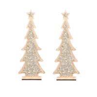 2x stuks kerstdecoratie houten kerstboom glitter zilver 35,5 cm decoratie kerstbomen - Kunstkerstboom
