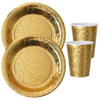 Feest wegwerp servies set - glitter - 10x bordjes / 10x bekers - goud