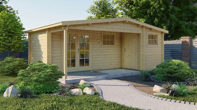 Tuindeco Katherine Blokhut 595x450 cm 58 mm vuren blank- Zadeldak- Onbehandeld vurenhout- Tuindeco