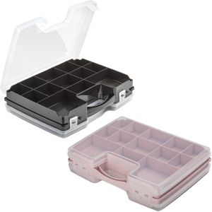 Forte Plastics - 2x Opberg vakjes doos/Sorteerbox - 21-vaks kunststof - 28 x 21 x 6 cm - zwart/roze