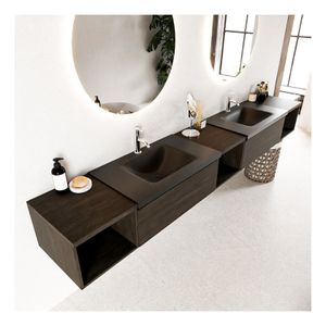 Mondiaz Bukla 280cm badmeubel met open module 40 L+M+R dark brown 2 lades met wastafel dubbel 2 kraangaten kleur urban