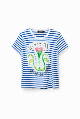 Gestreept T-shirt met bloem - BLUE - S