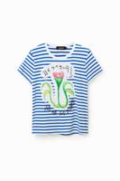 Gestreept T-shirt met bloem - BLUE - S