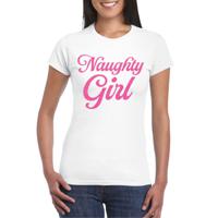 Foute party t-shirt voor dames - Naughty Girl - wit - glitter - carnaval/themafeest