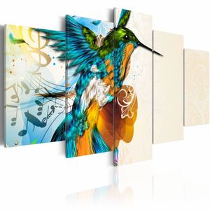 Schilderij - Vogel’s Muziek II, print op canvas, wanddecoratie, 5luik , multikleur