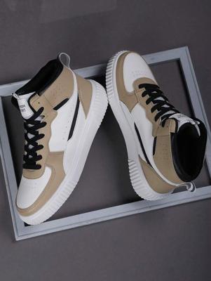 Men's High-Top Skate Shoes - Black and White PU Leather Sneakers Multicolor / EUR46