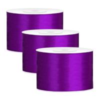 Partydeco Cadeaulint - 3x - paars - 5 cm x 25 meter - satijn - sierlint - inpakken - decoratie