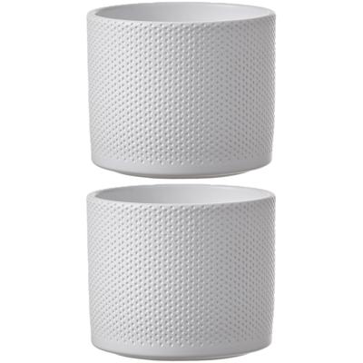 Mica Decorations Bloempot - 2x stuks - wit - relief - keramiek - D18 x H15 cm - plantenpotten binnen