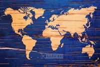 Karo-art Schilderij - Wereldkaart in blauw en geel , 3 maten , Wanddecoratie