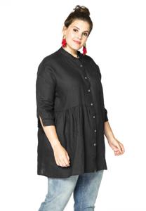 Yoek Blouse met plooien linnen | Zwart | Maat 54/56