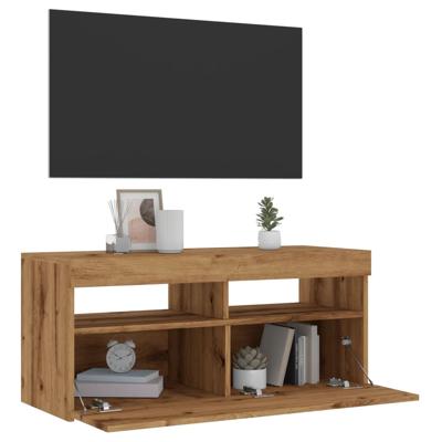 Tv-meubel met LED 90x35x40 cm bewerkt hout artisanaal eiken