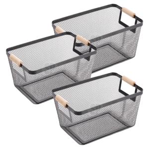 Opbergmand - 3x - met handgrepen - zwart - metaal - 31 x 22 x 14 cm - draadmand