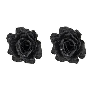 2x stuks decoratie bloemen roos zwart glitter op clip 10 cm