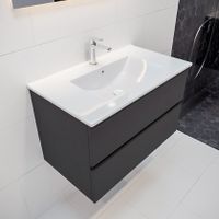 Mondiaz Vica Denia badmeubel antraciet mat 80 cm 2 lades keramiek enkele spoelbak midden 1 kraangat