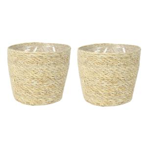 Ter Steege Plantenpot - Set van 3x stuks - beige - gevlochten zeegras - 18 x 16 cm - plastic binnenk