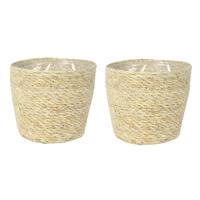 Ter Steege Plantenpot - Set van 3x stuks - beige - gevlochten zeegras - 18 x 16 cm - plastic binnenk